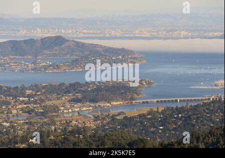 Vue sur la baie de San Francisco depuis le mont Tamalpais avec le brouillard de suspension bas. Banque D'Images