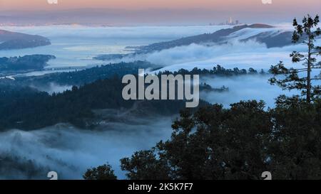 Vue aérienne des sommets de montagne couverts de brouillard. Banque D'Images