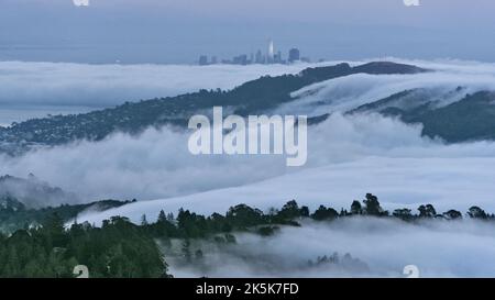 Vue aérienne des sommets de montagne couverts de brouillard. Banque D'Images