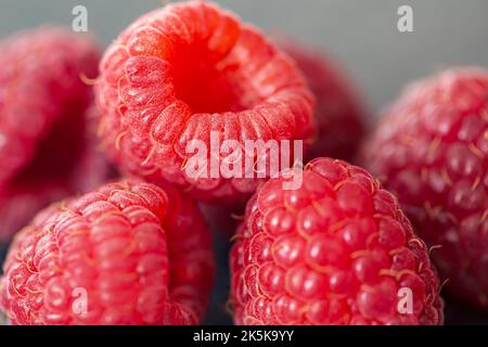 Gros plan sur les framboises mûres, mise au point sélective, fond de fruit. Banque D'Images