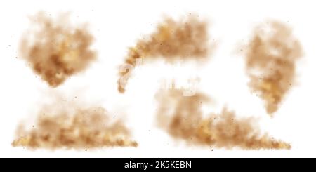 Nuages de poussière réalistes isolés sur fond blanc. Tempête de sable avec des particules de saleté, air brun sale pollué, smog. Illustration vectorielle Illustration de Vecteur