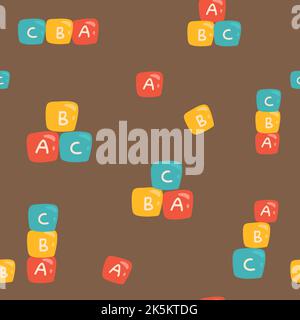 Jouets de bébé coloré sans couture motif. Dessin animé, jouets dessinés à la main. Icône blocs, enfants cubes logo A B C isolé Jeux éducatifs pour enfants concept. Arrière Illustration de Vecteur