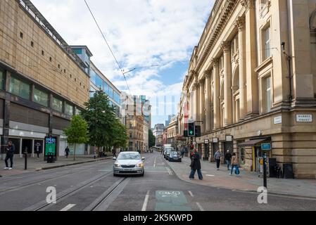Le bâtiment du Royal Exchange Theatre sur Cross Street, centre-ville de Manchester, Angleterre. Banque D'Images