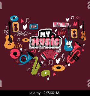 Amour musique coeur. Instruments de musique en forme de coeur Illustration de Vecteur
