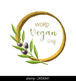 Cadre aquarelle ronde de la Journée mondiale de Vegan avec branche d'olive aquarelle, pour affiche bannière de félicitations. Illustration vectorielle Illustration de Vecteur