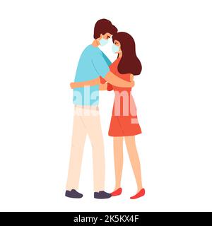 Tendresse d'amour et sentiments romantiques concept. Jeune amoureux souriant couple garçon et fille debout embrassant embrassant les uns les autres sentiment dans le masque médical Illustration de Vecteur