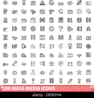 100 icônes de média de masse définies.Illustration du contour de 100 icônes de média de masse ensemble de vecteurs isolés sur fond blanc Illustration de Vecteur