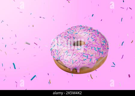 Beignet rose flottant avec une explosion de saupoudres colorées sur fond rose. Drôle 3D rendu de donut rose réaliste et délicieux. Banque D'Images