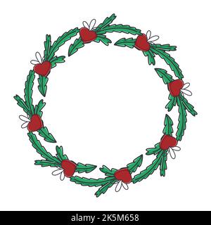 Couronne de Noël traditionnelle de branches de sapin avec coeurs. Jante de conifères ronde pour la nouvelle année. Illustration vectorielle isolée à cadre botanique circulaire Illustration de Vecteur