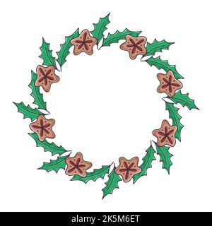 Couronne de Noël avec feuilles de houx et pain d'épice. Bordure festive ronde pour la nouvelle année. Cadre botanique circulaire pour carte postale ou invitation isolée vec Illustration de Vecteur