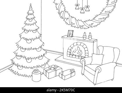 Salon graphique arbre de Noël noir blanc dessin intérieur illustration vecteur Illustration de Vecteur