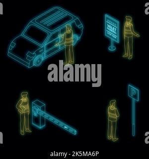 Icône voiturier définie. Ensemble isométrique d'icônes vectorielles de valet de couleur néon sur le noir Illustration de Vecteur