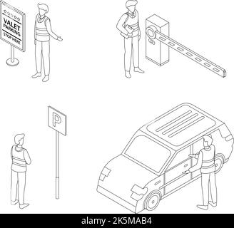 Icône voiturier définie. Ensemble isométrique d'icônes de vecteur de valet, avec un contour lne fin isolé sur blanc Illustration de Vecteur