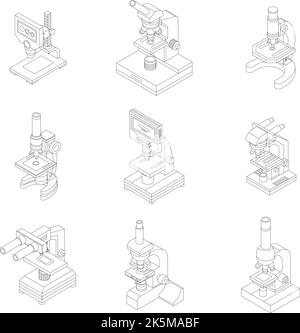 Jeu d'icônes de microscope. L'ensemble isométrique d'icônes vectorielles du microscope décrit une lne mince isolée sur blanc Illustration de Vecteur