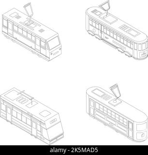 Icône de tramway définie. L'ensemble isométrique d'icônes de vecteur de voiture de tram décrit le lne mince isolé sur blanc Illustration de Vecteur