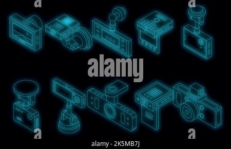Icônes DVR définies. Ensemble isométrique d'icônes vectorielles DVR couleur néon sur noir Illustration de Vecteur