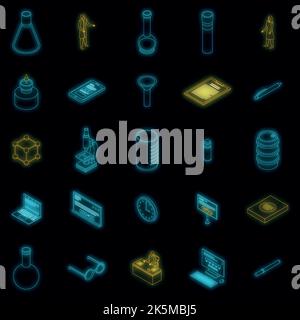 Jeu d'icônes d'expériences de laboratoire chimique. Ensemble isométrique d'icônes vectorielles d'expériences de laboratoire chimique de couleur néon sur noir Illustration de Vecteur