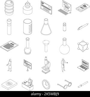 Jeu d'icônes d'expériences de laboratoire chimique. Ensemble isométrique d'icônes de vecteur d'expérience de laboratoire chimique, le contour du lne mince isolé sur blanc Illustration de Vecteur