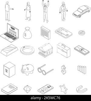 Ensemble d'icônes millionnaires. Ensemble isométrique d'icônes millionnaires vectorielles donnent un contour lne mince isolé sur blanc Illustration de Vecteur