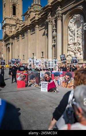 Manifestation contre les corridas organisées par AnimaNaturalis sur la Plaza del Pilar lors de la Fiestas annuelle de Pilar, Saragosse, Espagne Banque D'Images