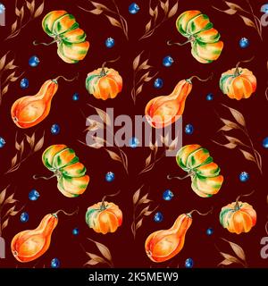 Citrouilles, épillet, bleuet aquarelle motif sans couture sur le noir. Légumes d'automne colorés dessinés à la main. Design pour l'emballage, textile, fond, fa Banque D'Images