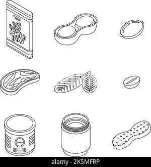 Jeu d'icônes d'arachide. L'ensemble isométrique d'icônes vectorielles de cacahuètes décrit une lne mince isolée sur blanc Illustration de Vecteur