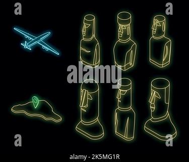 Ensemble d'icônes de l'île de Pâques. Ensemble isométrique d'icônes vectorielles de l'île de Pâques couleur néon sur noir Illustration de Vecteur