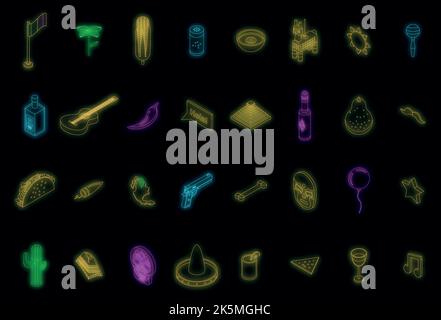 Icônes du Mexique. Ensemble isométrique d'icônes vectorielles du Mexique couleur néon sur noir Illustration de Vecteur