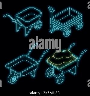 Icônes de brouette définies. Ensemble isométrique d'icônes vectorielles de brouettes couleur néon sur noir Illustration de Vecteur