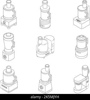 Jeu d'icônes de robot de cuisine. L'ensemble isométrique d'icônes vectorielles de robot de cuisine présente un lne fin isolé sur blanc Illustration de Vecteur