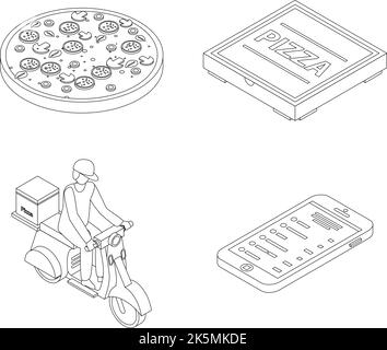 Ensemble d'icônes de livraison de pizza. L'ensemble isométrique d'icônes de vecteurs de livraison de pizza décrit le lne mince isolé sur blanc Illustration de Vecteur