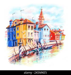 Croquis aquarelle du canal et maisons lumineuses sur l'île de Burano, Venise, Italie. Banque D'Images