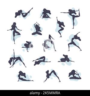 Ensemble de poses de yoga et d'asanas représentant une silhouette féminine. Conception plate et simple de différentes postures telles que lotus, chien, cobra, pigeon, danseur, Illustration de Vecteur
