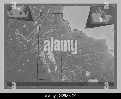 Manitoba, province du Canada. Carte d'altitude en niveaux de gris avec lacs et rivières. Cartes d'emplacement auxiliaire d'angle Banque D'Images