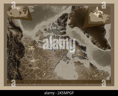 Nunavut, territoire du Canada. Carte d'altitude colorée en tons sépia avec lacs et rivières. Cartes d'emplacement auxiliaire d'angle Banque D'Images