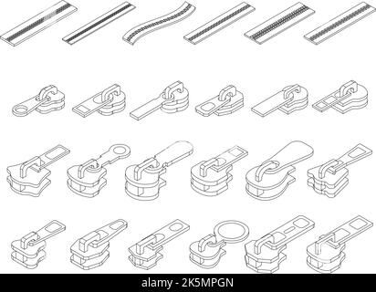 Icônes de fermeture éclair définies. Ensemble isométrique d'icônes de vecteur de fermeture à glissière contour mince lne isolé sur blanc Illustration de Vecteur