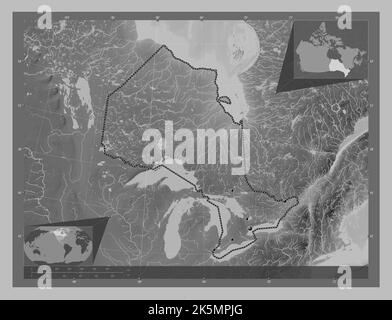 Ontario, province du Canada. Carte d'altitude en niveaux de gris avec lacs et rivières. Lieux des principales villes de la région. Cartes d'emplacement auxiliaire d'angle Banque D'Images