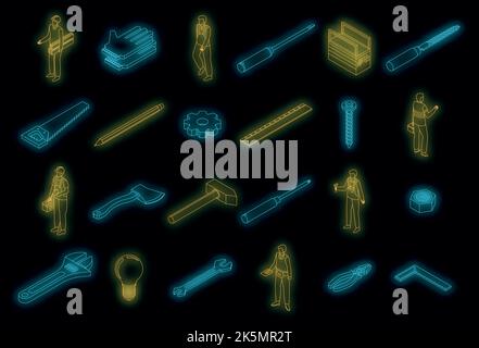 Jeu d'icônes de réparateur. Ensemble isométrique d'icônes vectorielles de réparateur de couleur néon sur noir Illustration de Vecteur