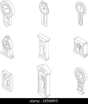 Icônes de l'horloge pendulaire définies. L'ensemble isométrique d'icônes de vecteur d'horloge du pendule décrit le lne mince isolé sur blanc Illustration de Vecteur