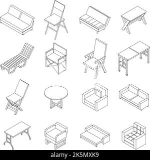 Ensemble d'icônes de meubles pliants. Ensemble isométrique d'icônes vectorielles de meubles pliantes de contour mince lne isolé sur blanc Illustration de Vecteur