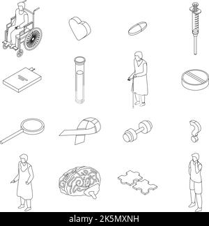 Ensemble d'icônes de la maladie d'Alzheimer. Ensemble isométrique d'icônes de vecteur de maladie d'alzheimers donnent un aperçu de la lne mince isolée sur blanc Illustration de Vecteur