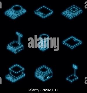 Ensemble d'icônes de balance. Ensemble isométrique d'échelles de pesage icônes vectorielles couleur néon sur noir Illustration de Vecteur