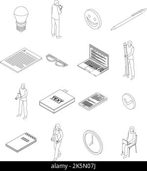 Icônes du rédacteur définies. Ensemble isométrique d'icônes de vecteur de rédacteur de contour mince lne isolé sur blanc Illustration de Vecteur