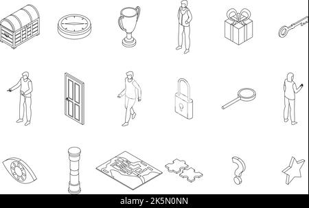 Jeu d'icônes Quest. Ensemble isométrique d'icônes de vecteur de quête de contour mince lne isolé sur blanc Illustration de Vecteur