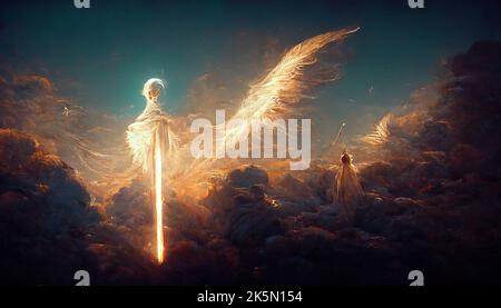 Magnifique lumière lumineuse ailes brillantes ange tenant une épée flamboyante. 3d illustration. Banque D'Images