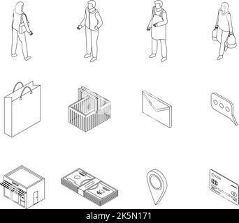 Icônes d'acheteur définies. L'ensemble isométrique d'icônes de vecteur acheteur décrit une lne mince isolée sur blanc Illustration de Vecteur