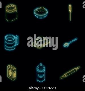 Jeu d'icônes de farine. Ensemble isométrique de symboles vectoriels de farine couleur néon sur noir Illustration de Vecteur