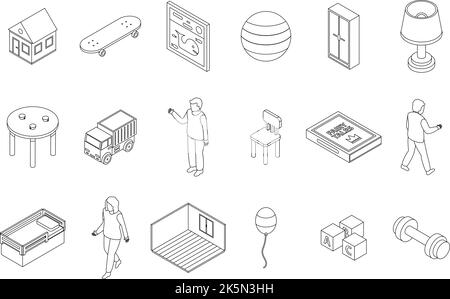 Icônes de chambre pour enfants. Ensemble isométrique d'icônes vectorielles de la chambre des enfants, contour de l'eln mince isolée sur blanc Illustration de Vecteur