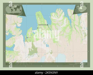 Norurland vestra, région de l'Islande. Ouvrez la carte des rues. Lieux et noms des principales villes de la région. Cartes d'emplacement auxiliaire d'angle Banque D'Images