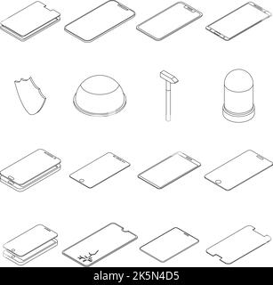 Jeu d'icônes de verre de protection. Ensemble isométrique d'icônes vectorielles en verre de protection avec contour lne mince isolée sur blanc Illustration de Vecteur